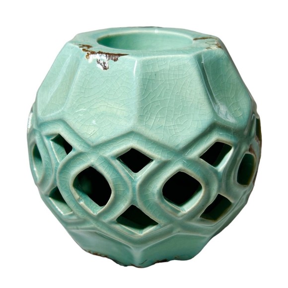 Light Teal and Brown Glazed Abstract Ceramic Votive Candle Holder - Picture 2 of 7